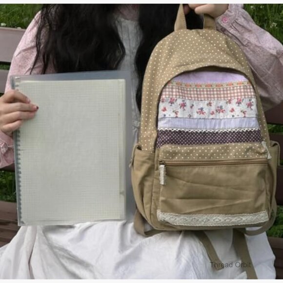 Floral Polka Dot Canvas Backpack with Lace Details, Adjustable Straps main image 4
